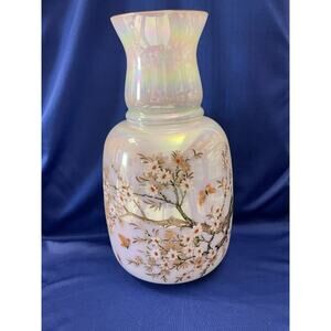 White Pearlized Porcelain Vase with Hand Painted Blossoms and Butterflies